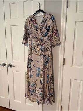 Floral Wrap Midi Dress in Beige with Blue & Pink Accents